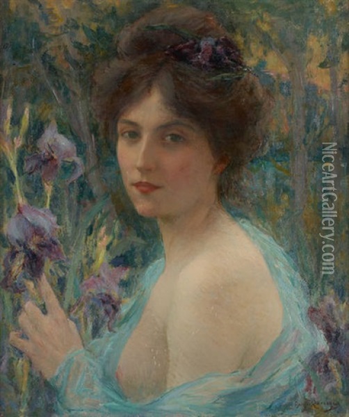 La Jeune Femme Aux Iris Oil Painting - Georges-Auguste-Elie Lavergne