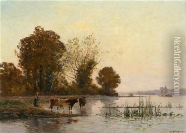 A Peasant Woman With Cattle In A Riverbed At Sunset Oil Painting - Hippolyte Camille Delpy