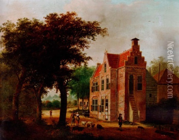 Figures And Animals By A Farmhouse Oil Painting - Isaac Ouwater