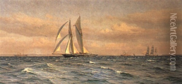 Marine Med Sejl- Og Motorskibe Oil Painting - Vilhelm Karl Ferdinand Arnesen