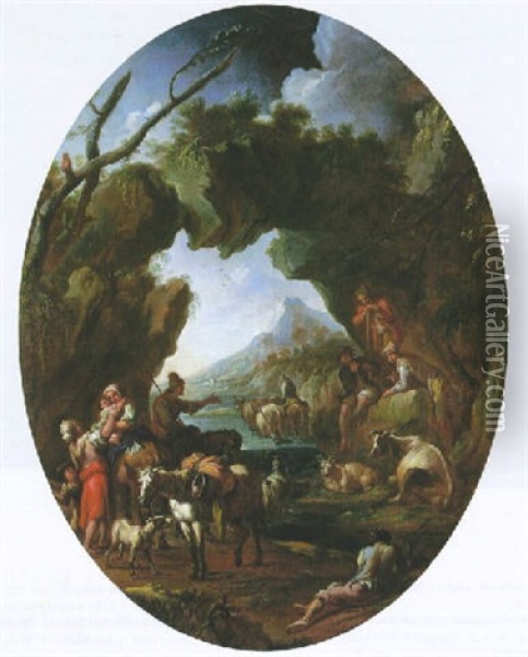 An Italianate Landscape With Peasants And Farm Animals By A Rock Arch Oil Painting - Johann Anton Eismann