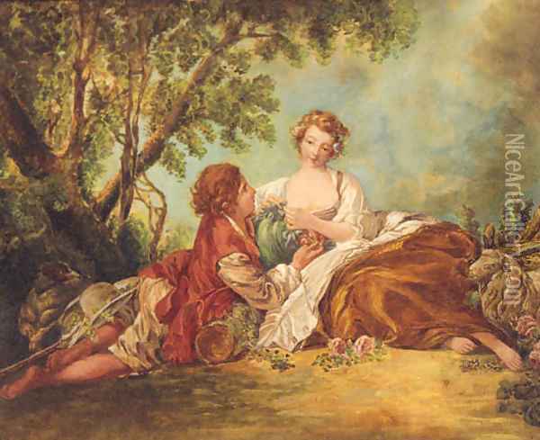A Shepherd and Sheperdess in a Landscape Oil Painting - Francois Boucher