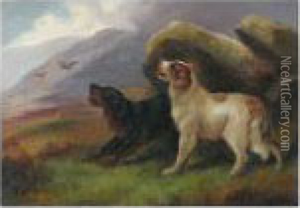 Spaniels Flushing Out Game, And Another Similar Oil Painting - Robert Cleminson