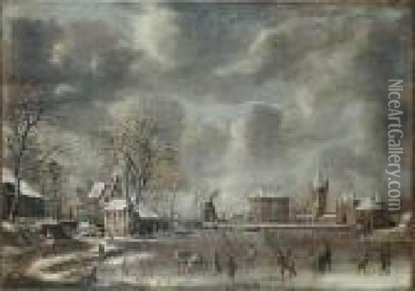 A Winter Landscape With Figures 
Skating Andplaying Kolf On A Frozen River At The Edge Of A Town Oil Painting - Jan Abrahamsz. Beerstraaten