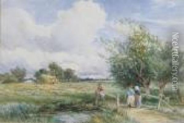 A Harvest Scene Oil Painting - David Bates