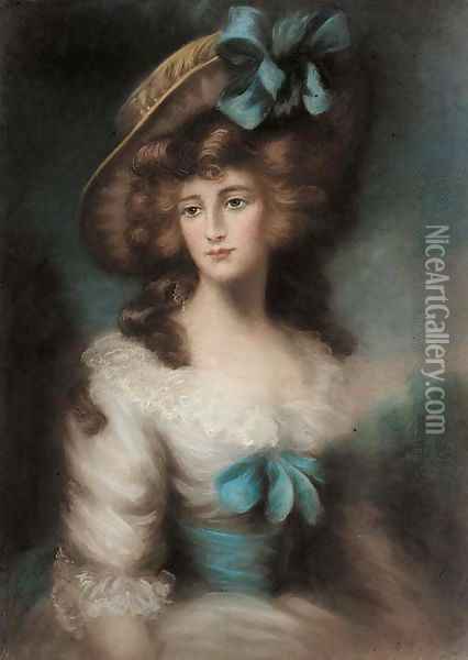 Portrait of a lady, half-length, wearing a blue ribbon in her bonnet Oil Painting - Thomas Gainsborough