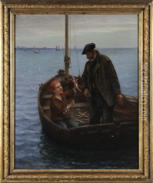 Boy And Older Man Fishing In A Harbor Oil Painting - Alfred Guillou