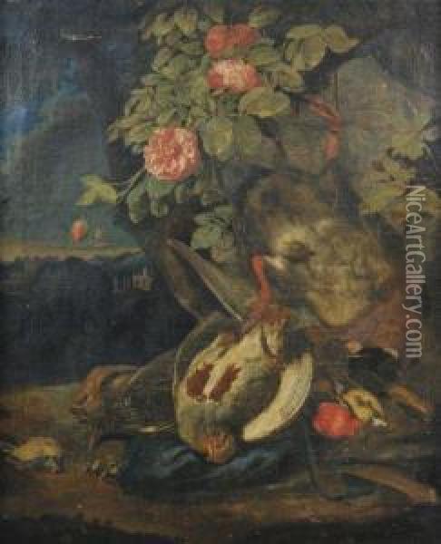 Nature Morte Au Trophee De Chasse Dans Un Paysage Oil Painting - Pieter Andreas Rysbrack