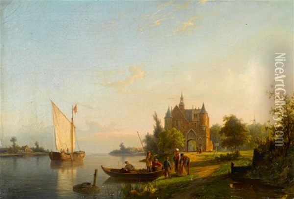 Fishing Boats On A River With Figures On The Shore Oil Painting - Pieter Cornelis Dommershuijzen