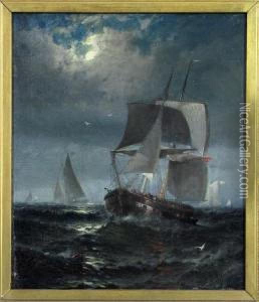 Sailing Vessels At Sea Beneath A Full Moon Oil Painting - Franklin Briscoe