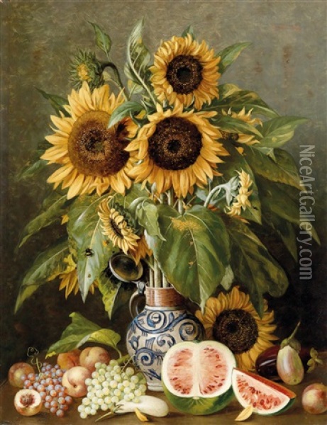 Groses Stillleben Mit Sonnenblumen Und Fruchten Oil Painting - Gottfried Schultz