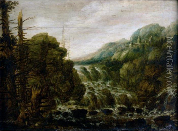 A Mountainous Wooded Landscape 
With A Man Resting Beside A Cascade, A Hill Top Town In The Distance Oil Painting - Joachim Govertsz. Camphuysen