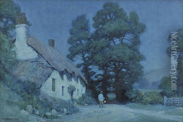 Figure With A Lamp By A Moonlit Cottage, Signed, Watercolour Oil Painting - Albert Moulton Foweraker