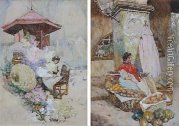 A Flower Stall, Venice Oil Painting - David Woodlock