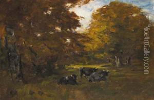 Rha Cows In Tree Shadows Oil Painting - Nathaniel R.H.A. Hone Ii,
