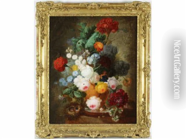 Nature Morte Au Bouquet De Fleurs, Oisillons, Papillon Et Insectes Sur Un Entablement Oil Painting - Georgius Jacobus Johannes van Os