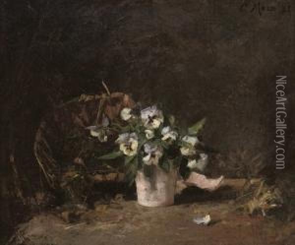 A Pot Of Pansies By A Basket Oil Painting - Charles Eugene Moss