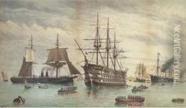 H.m.s. Victory Amidst Ironclads Lying At Anchor In The Harbour,portsmouth Oil Painting - William Edward Atkins