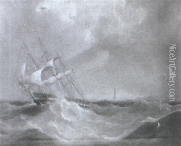 Ship In Stormy Seas Oil Painting - Thomas Buttersworth