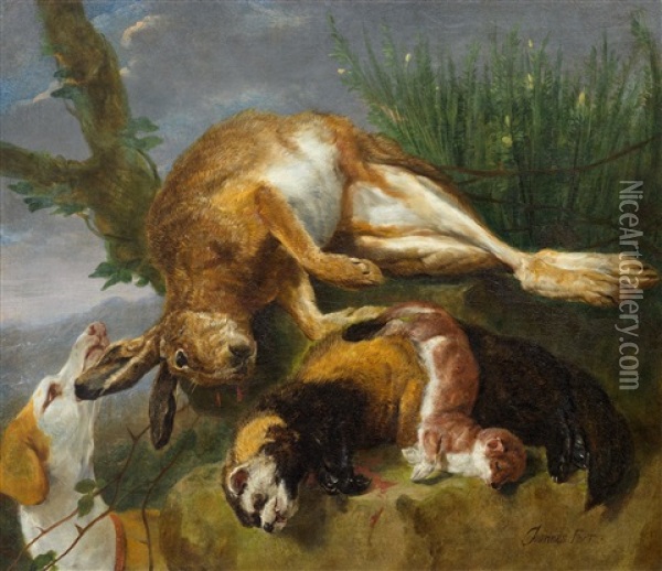 Jagdstillleben Mit Einem Hund, Einem Hasen Und Einem Marder Oil Painting - Jan Fyt