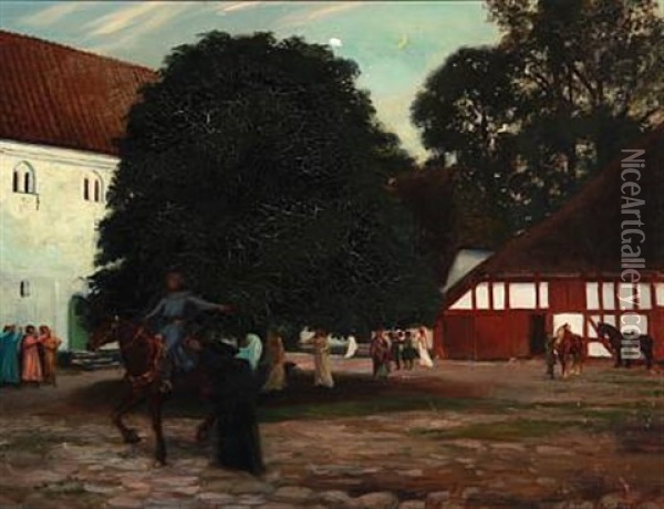 Hr. Oluf Han Rider (the Knight Oluf Is Leaving - Motif From Borglum Monastery From The Danish Folk Song Elverskud) Oil Painting - Agnes Slott-Moller