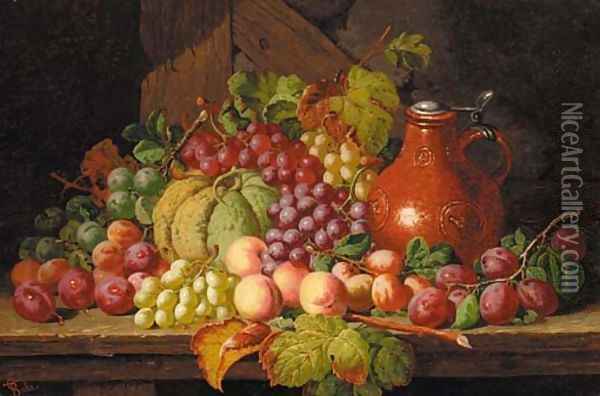 Grapes, peaches, plums, a gourd and a bellarmine, on a wooden ledge Oil Painting - Charles Thomas Bale