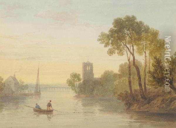 A River Landscape With Fishermen Oil Painting - Henry G. Gastineau