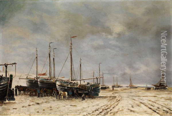 Weite Polderseelandschaft Mit Im Eis Eingefrorenen Segelschiffen Oil Painting - Hendrik Willem Mesdag