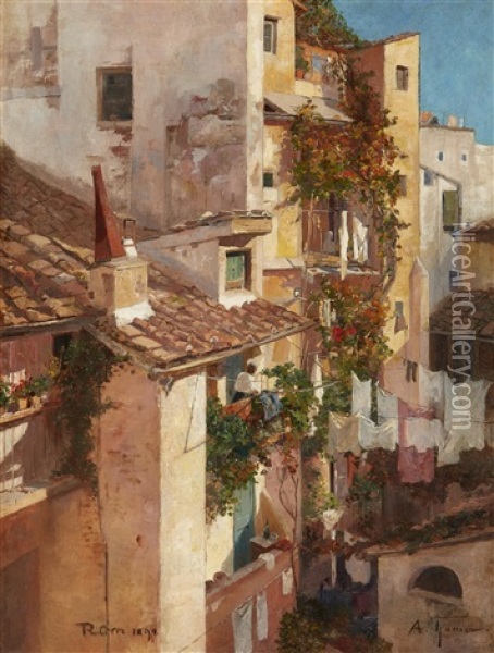 View Of A Courtyard In Rome Oil Painting - Adolf Gustav Thamm