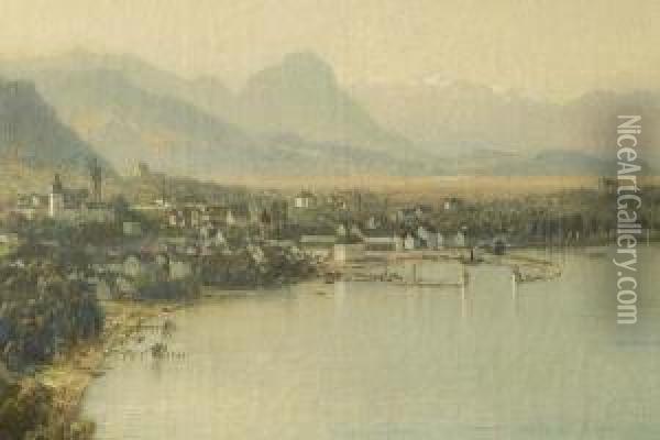 Bodensee-landschaft Mit Stadt Und Alpen-panorama Oil Painting - Julius Lange