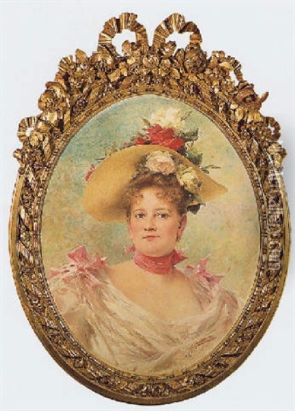 Portrait De Femme Au Chapeau Fleuri Oil Painting - Theobald Chartran