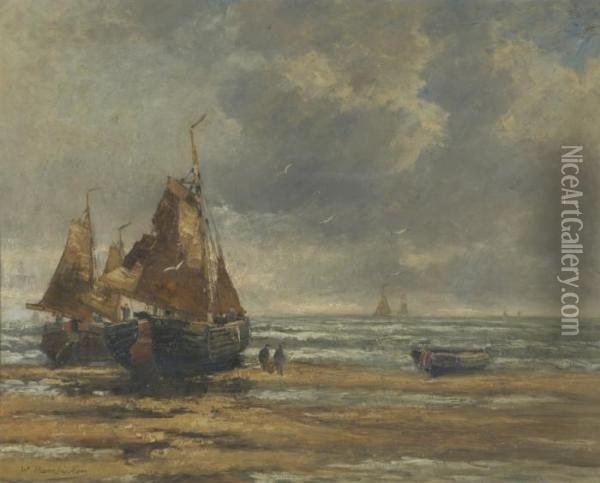 Fischerboote Am Strand - Oil Painting - Wilhelm Hambutchen