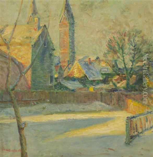 Village Scene In Winter Oil Painting - Henry George Keller