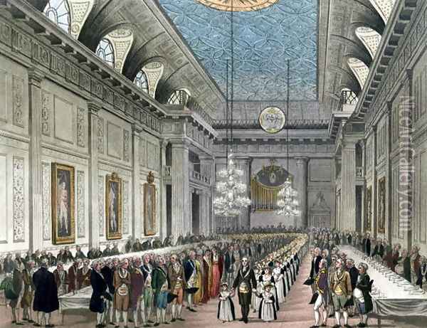 The Procession at Freemasons Hall, Queen Street, on the occasion of the Annual Dinner for young girls assisted by the Order, from Ackermanns Microcosm of London Oil Painting - T. Rowlandson & A.C. Pugin