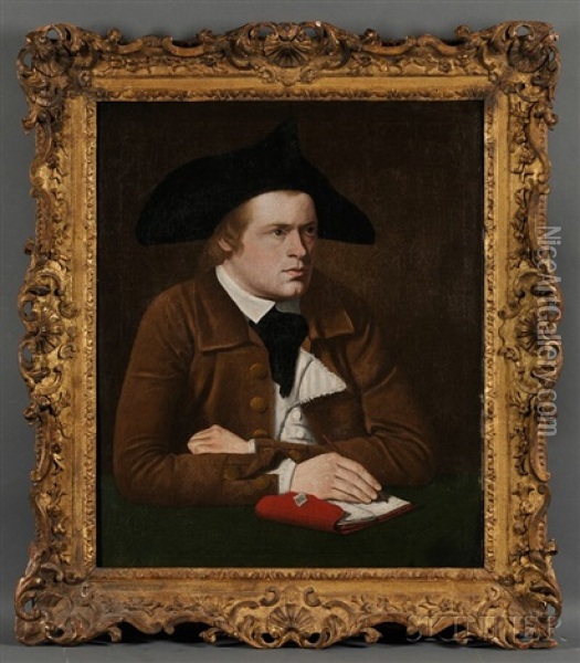 Portrait Of Young Man In Colonial Dress Seated At A Table With Notebook And Pen Oil Painting - John Johnston