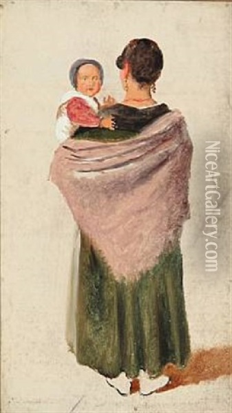 Italian Woman With Her Child In Her Arms, Seen From The Back Oil Painting - Constantin (Carl Christian Constantin) Hansen