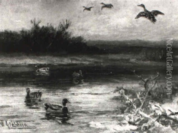 Fluslandschaft Mit Schwimmenden Und Fliegenden Enten Oil Painting - Wilhelm Graebhein