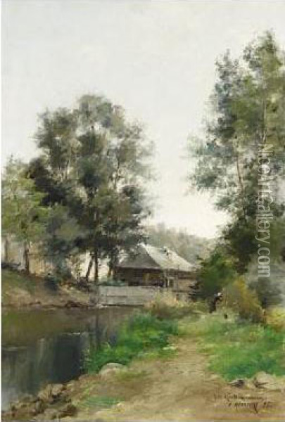 A Summer Landscape With A Peasant By A Stream Oil Painting - Armand Arsene Mannoury