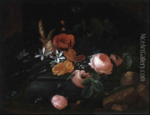 Blumenstilleben Mit Rosen, Wicken, Mohnblumen, Eidechsen Und Einem Schmetterling Oil Painting - Elias van den Broeck