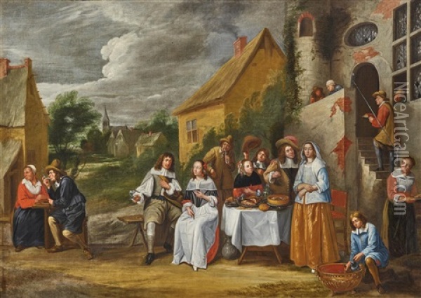 A Merry Company In Front Of A Country Inn Oil Painting - Gillis van Tilborgh