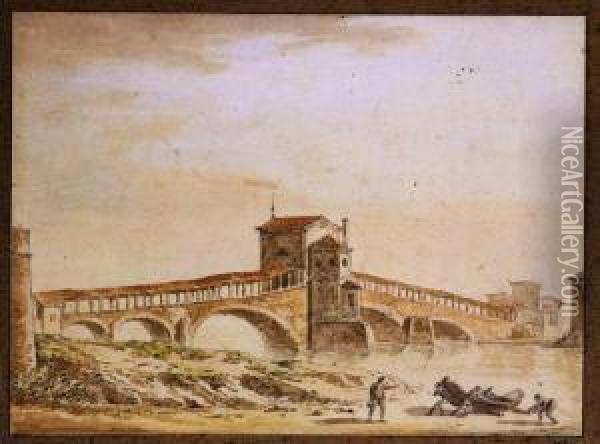 Pavia - A Covered Bridge At Pavia With Fishermen In The Foreground Oil Painting - Claude Louis Chatelet