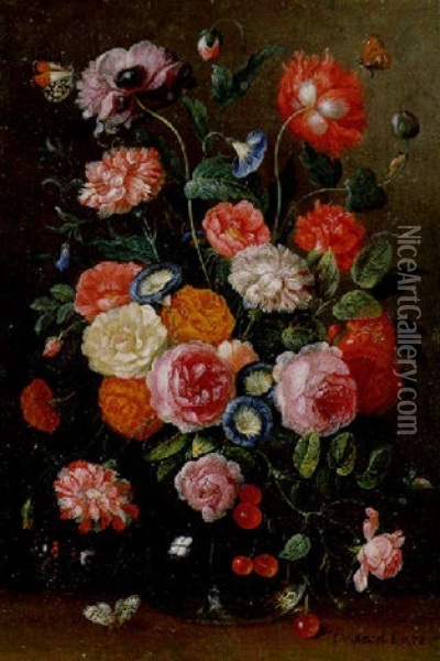 Roses, Carnations, And Other Flowers And Fruit On A Glass Vase With Other Objects And A Butterfly On A Table Oil Painting - Jan van Kessel the Elder