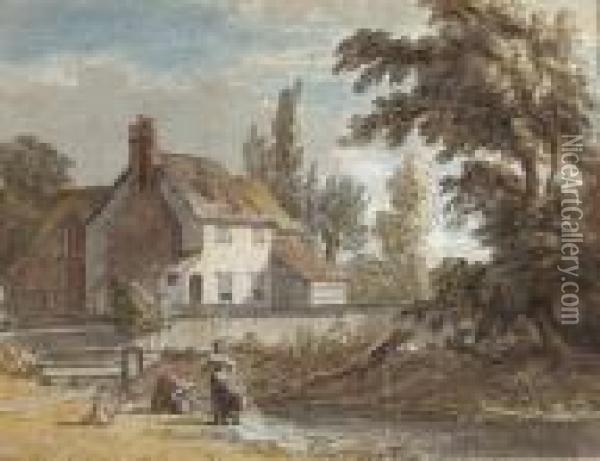 A Cottage By A River With Figures In The Foreground Oil Painting - Paul Sandby