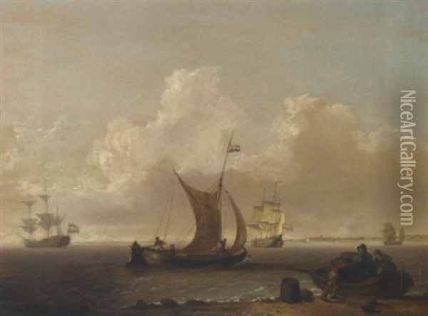 A Dutch Warship And Merchantmen In An Estuary, With Figures Unloading Barrels On The Foreshore Oil Painting - William Anderson