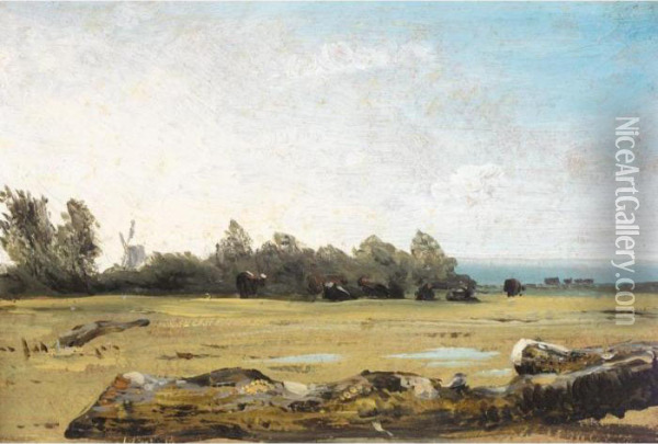 A Meadow With Cattle Grazing Oil Painting - Frederick Waters Watts
