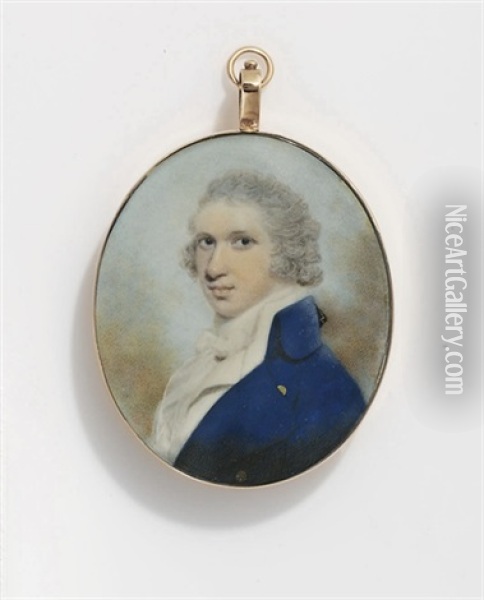 A Young Gentleman, In Dark Blue Jacket, White Waistcoat, White Frilled Muslin Shirt And Bowed Cravat, Powdered Curling Wig With Black Silk Bag Oil Painting - John Downman