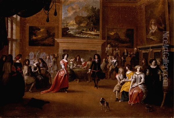 An Interior With An Elegant Company Dancing And Playing Cards Oil Painting - Hieronymous (Den Danser) Janssens