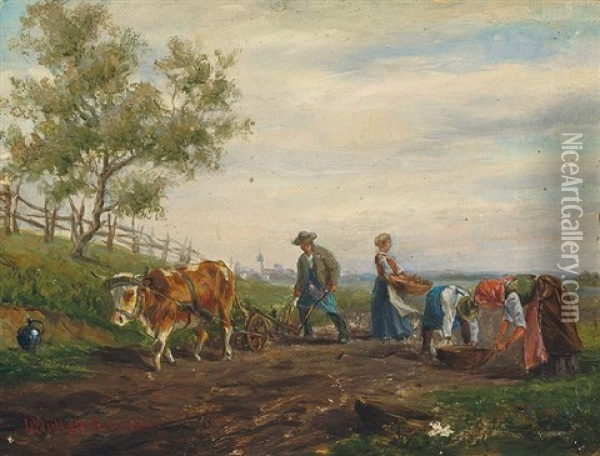Bauern Mit Ochse Bei Der Feldarbeit Vor Fernem Kirchdorf Oil Painting - Ludwig Mueller-Cornelius