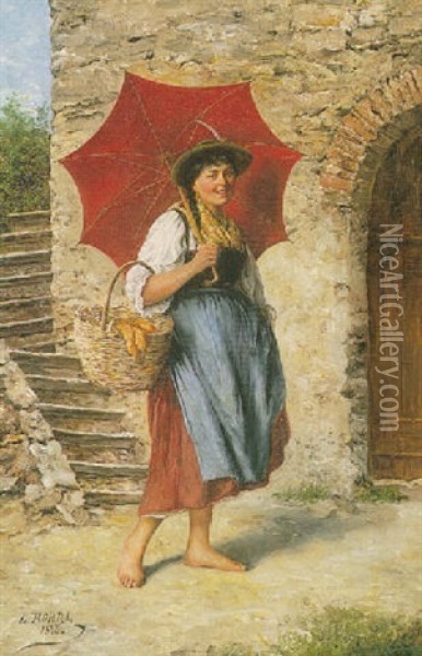Young Girl With Red Parasol Oil Painting - Ludwig Dominik Kohrl