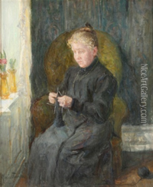 Strikkende Kvinne Oil Painting - Marie K. H. Tannaes